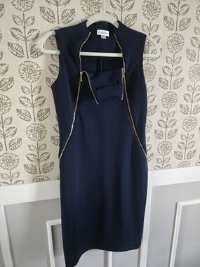 Calvin Klein Navy Midi Sheath Dress with Gold Zipper Accents